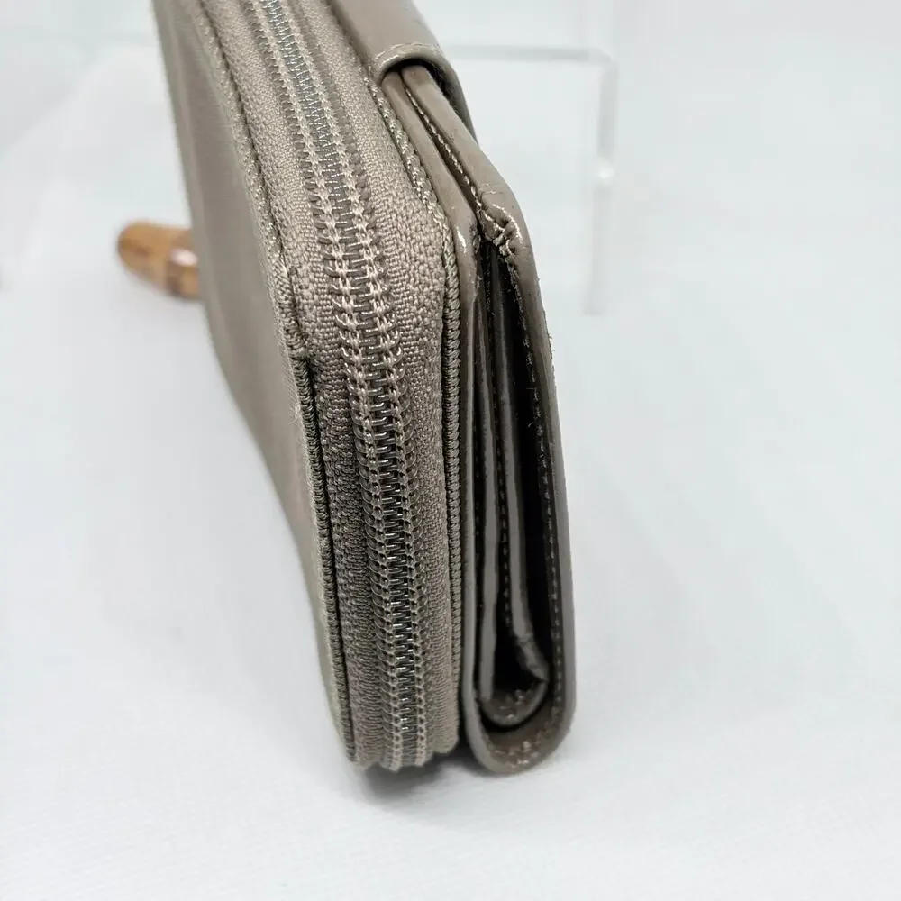 Gucci Bamboo Compact Zip Around Bifold Wallet Taupe Patent Leather